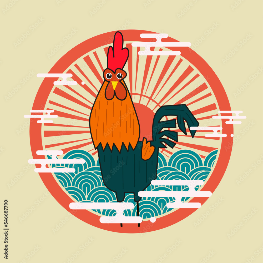 Sticker rooster illustration with japanese style for logo, notebook, and background