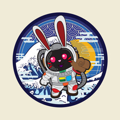 rabbit with astronaut costume illustration for logo, notebook, and background