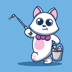 Cute white cat going fishing vector illustration. Pet mascot.