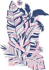 Exotic tropical plants illustration. Banana Leaf, Monstera, Palm tree, Fern, Petra Croton, Bird of Paradise Flower and Plumeria. Transparent PNG