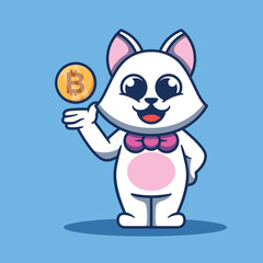 White cat character design with bitcoin vector illustration. Flat cartoon style.