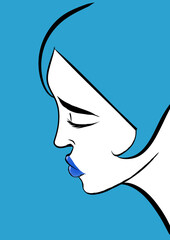 a melancholic image of woman in a thoughtful expression on her face drawn in ink and thick and thin variable line weight of art.blue hair blue lips pondering.