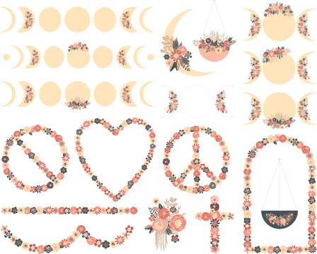 Painted Flowers and Moon Phases Vector Set