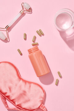 Different types of beauty products, face roller, collagen