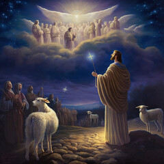 While shepherds watch their flocks by night, an angel of the lord comes down to tell them about the birth of Jesus - possible xmas card design - obrazy, fototapety, plakaty