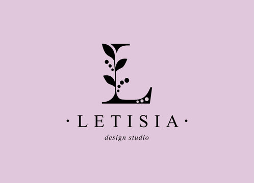 Logo, capital letter l. Monogram of Botanical Minimalistic with natural plant.