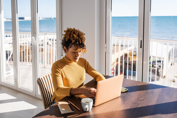 Hispanic woman using netbook near windows in daytime