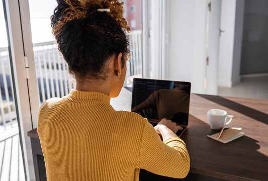 Female programmer using laptop at home