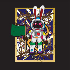 rabbit with astronaut costume illustration for logo, notebook, and background