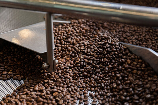 Coffee beans in a stainless steel machine