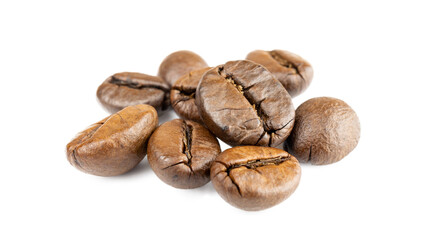 Coffee beans background. Black espresso grain falling on white. Rustic coffee bean fall isolated....