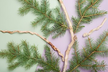 Christmas  pine branches on olive and lilac  background