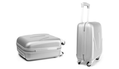 Suitcase white background. Silver plastic luggage or vacation ba