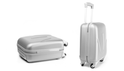 Suitcase white background. Silver plastic luggage or vacation ba