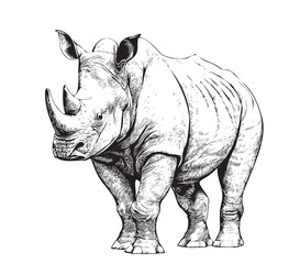 Rhino standing hand drawn engraving style sketch Vector illustration. © BigJoy