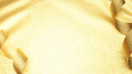Fototapeta na wymiar 豪華な金色の布とくるくると巻かれた金色のリボン。背景素材。（ラメ生地）