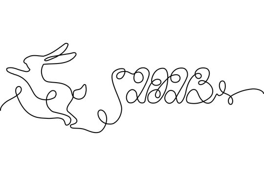2023. A stylized handwritten lettering and an image of a jumping rabbit in one solid line. Lettering