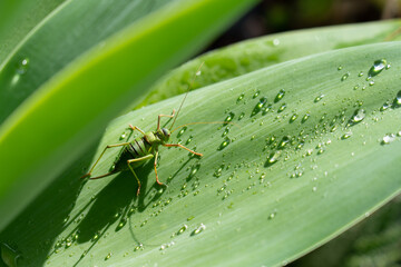 Green grasshopper at a wet cactus