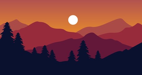 illustration of a natural background of mountains and trees with a red gradation at dusk