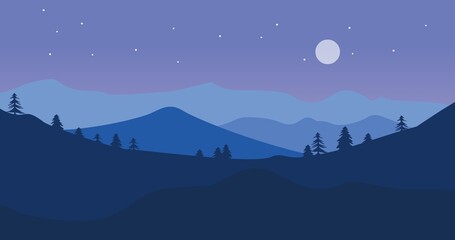 illustration of a natural background of blue gradations of mountains and trees at night