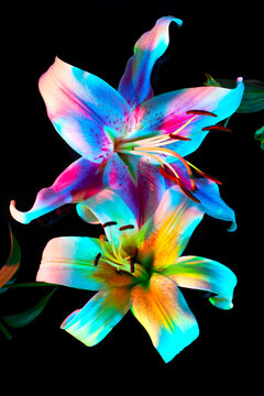 Bright blooming flower with neon multicolor leaves