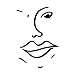 Black outline face sketch design. Eyes, nose, mouth, eyebrows Hand drawn outline. Silly face illustration. Simple cartoon doodle style face sketch