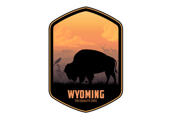 Wyoming vector label with buffalo bison and western meadowlark