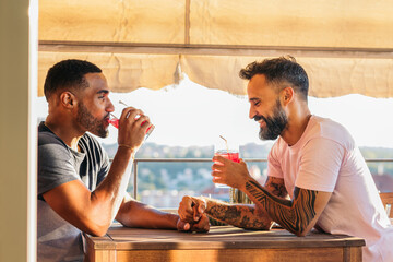 Interracial gay couple having a drink on a terrace