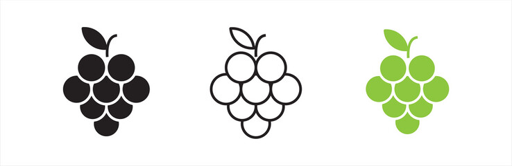 Grape icon set. Grape Icon Food Fruits. Different wine grapes. Bunch of grapes in simple flat style. Grape symbol and sign. Vector illustration.