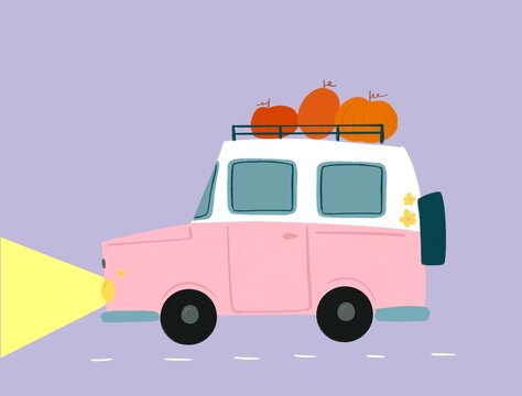 Halloween pumpkins on top of vintage van