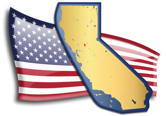U.S. states - Golden map of Golden State against an American flag. Rivers and lakes are shown on the map. American Flag and State Map can be used separately and easily editable.