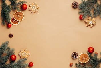 Christmas background festive composition, gingerbread New Year's toys fir branches pastel background