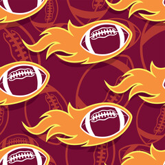 Burning rugby balls repeating tile background. American football balls and fire flames seamless pattern vector image wrapping paper design.