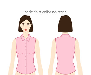 Basic shirt collar no stand neckline placket clothes character beautiful lady in pink top, dress technical fashion illustration with fitted body. Flat apparel template. Women, men unisex CAD mockup