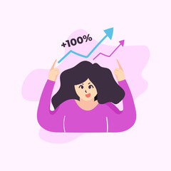 Cute flat illustration adorable cartoon happy business woman chart graph for sticker icon mascot and logo