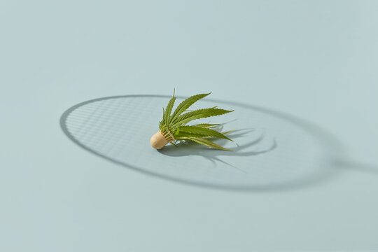 Shuttlecock with hemp and racket shadow.