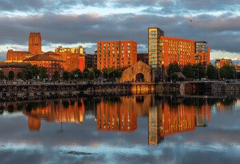 Royal Albert Dock, the Liverpool landmark, image captured at sunset in the city center downtown docklands
