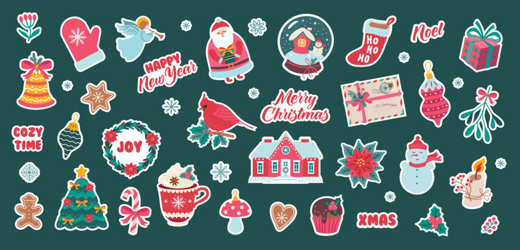 Christmas symbols vector illustration. Holidays clipart. Digital stickers