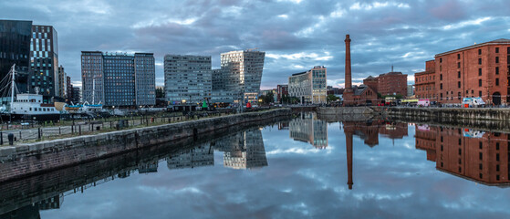 Royal Albert Dock, the Liverpool landmark, image captured at sunset in the city center downtown docklands