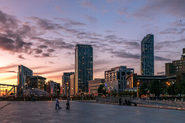 Office buildings in Liverpool, image captured at sunrise in the city center downtown docklands