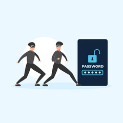 Cute flat illustration cartoon of thief hacker stealing data money for web sticker icon mascot logo