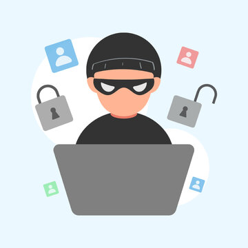 Cute flat illustration cartoon of thief hacker stealing data money for web sticker icon mascot logo