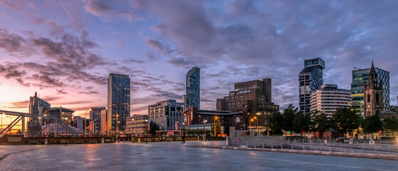 Office buildings in Liverpool, image captured at sunrise in the city center downtown docklands - obrazy, fototapety, plakaty