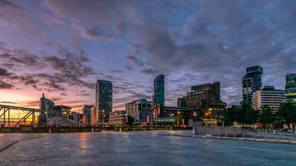 Naklejka na ściany i meble Office buildings in Liverpool, image captured at sunrise in the city center downtown docklands