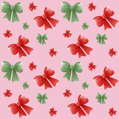 Seamless pattern with red and green bow ribbon textile sewing print. Neutral design for birthday gift celebration fabric wrapping paper decoration.