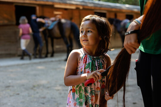 little girl brushing horse