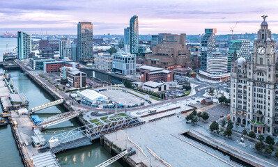 Obraz premium Aerial view Royal Albert Dock in Liverpool docklands in the city center, first rays in the morning