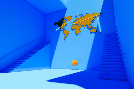 World map in an illuminated interior