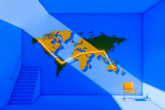 World map in an illuminated interior