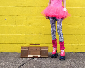 Eighties Party Girl in Skates with Music Stereo 